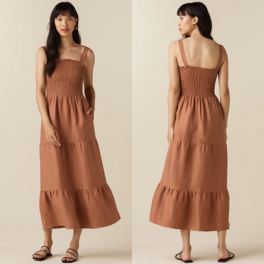 Vetta The Smocked Tier Dress in New Clay Linen Tencel Blend Size XS